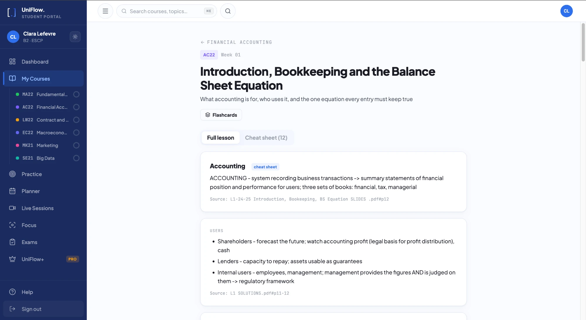 A course week in the UniFlow app: the lesson, its cheat sheet and flashcards, each point with its source