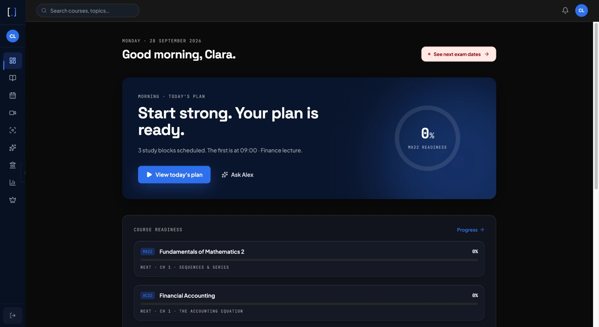 The UniFlow dashboard in dark mode, with exam readiness per course