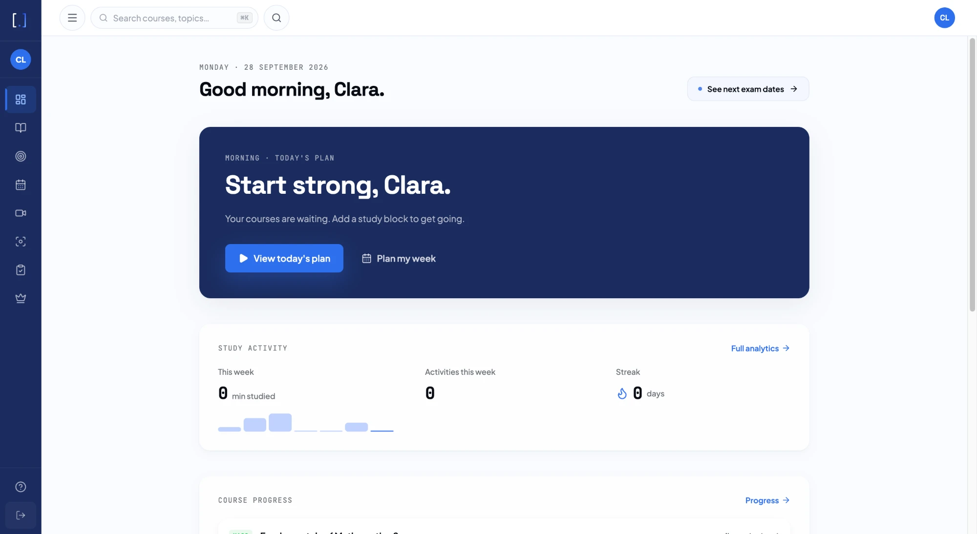 The UniFlow dashboard: today's plan, study activity and course progress