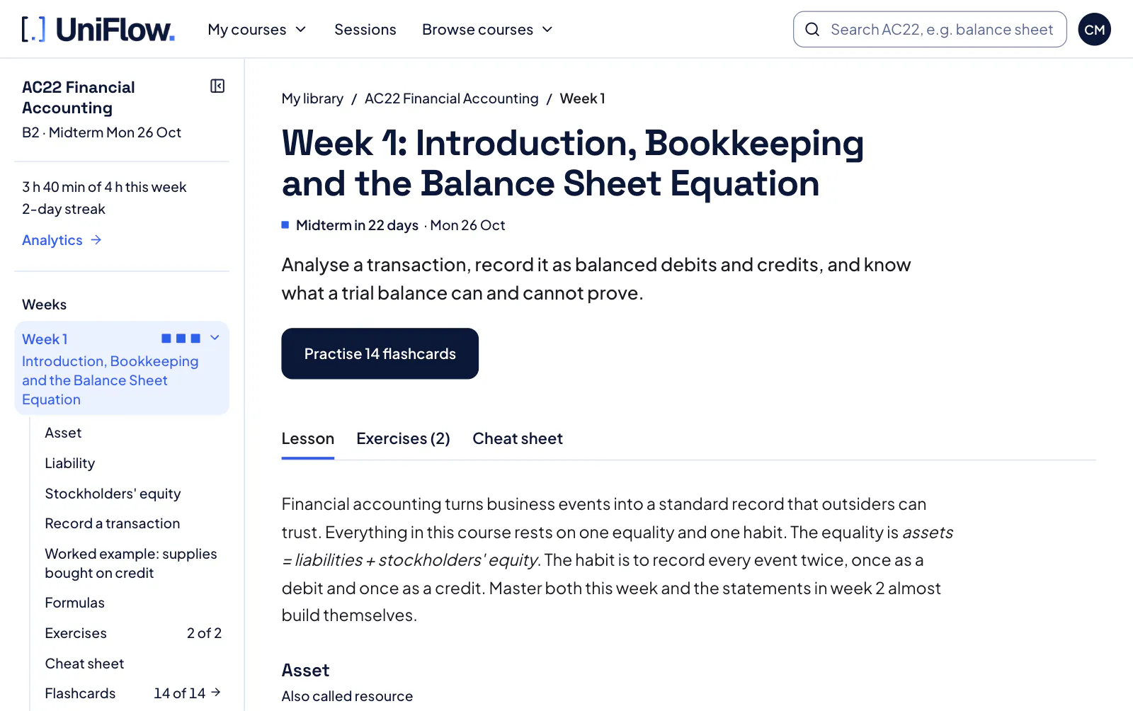 A UniFlow course week in the library: the course outline with your progress, the week title, the exam countdown, and the start of the lesson.
